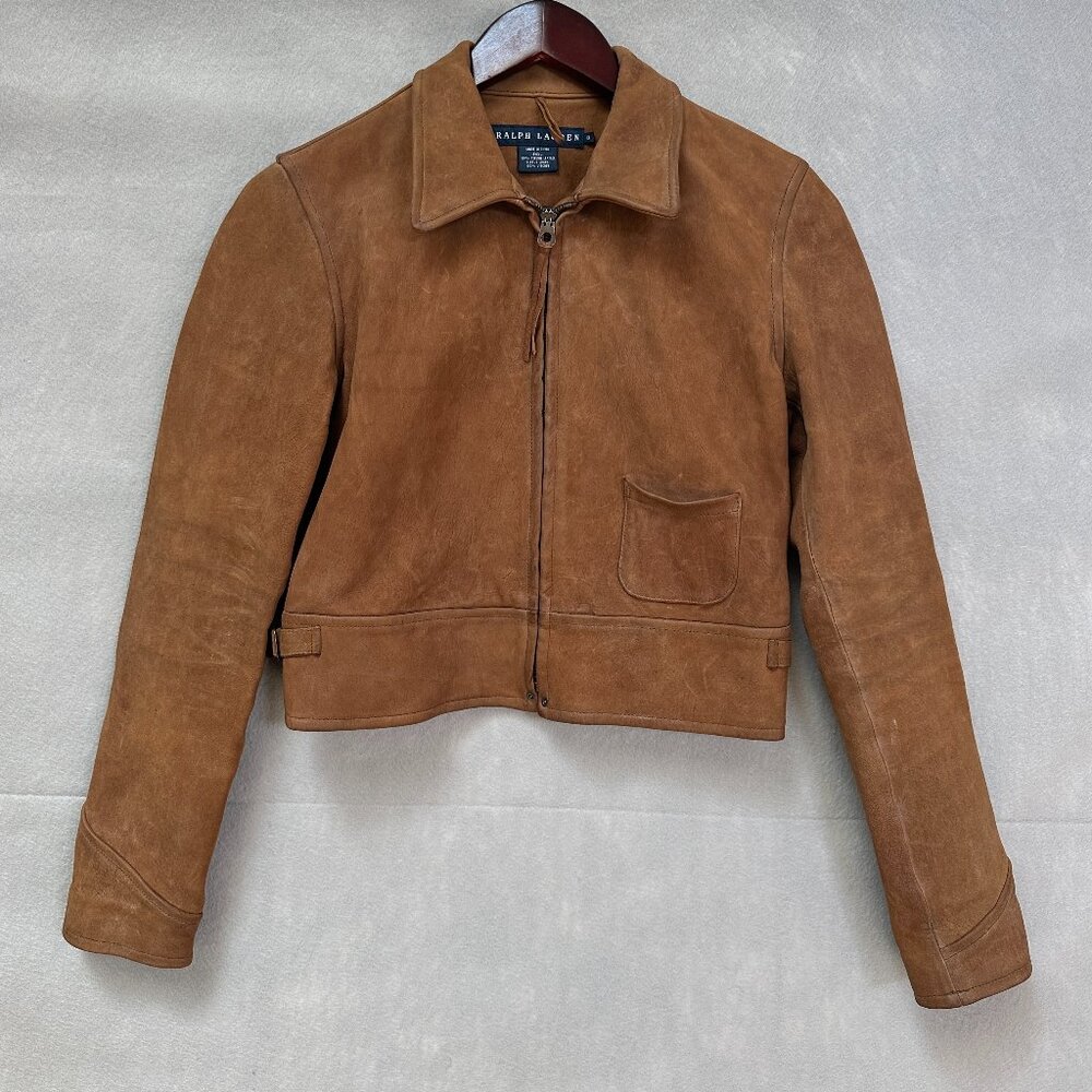 Vintage Ralph Lauren Jacket Womens 8 Brown Genuine Leather Full Zip Biker Casual